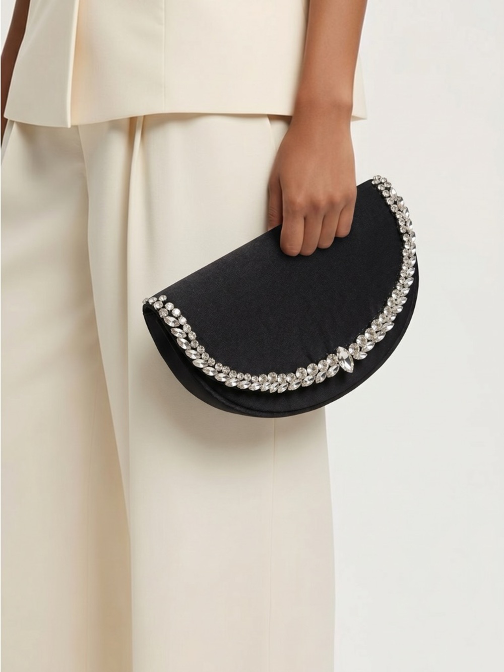 Elegant Black Crystal-Trim Half-Moon Clutch